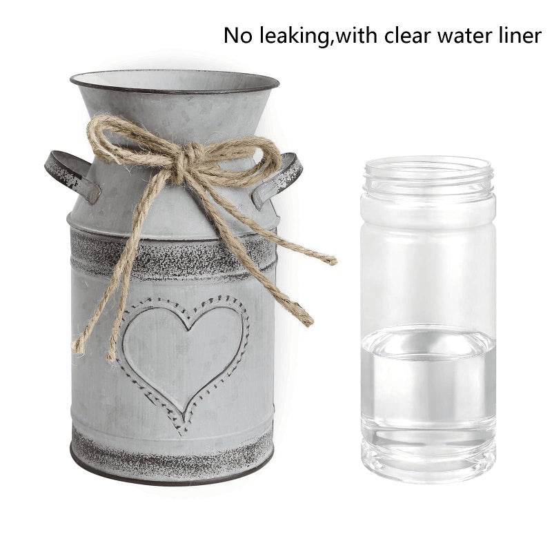 Fovasen Rustic Shabby Chic Vase Vintage Farmhouse Vase for Flowers,Galvanized Milk Can with Heart Design for Garden Wedding Kitchen Decor - 7.5" - Image 2